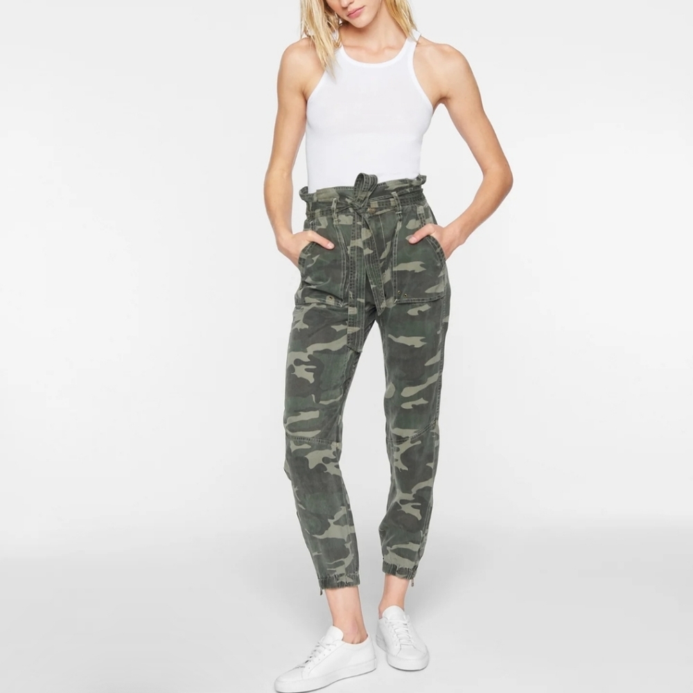 Pam & Gela Camo Pant with Paper-Bag Folded Waist Ankle Zip, Size Medium